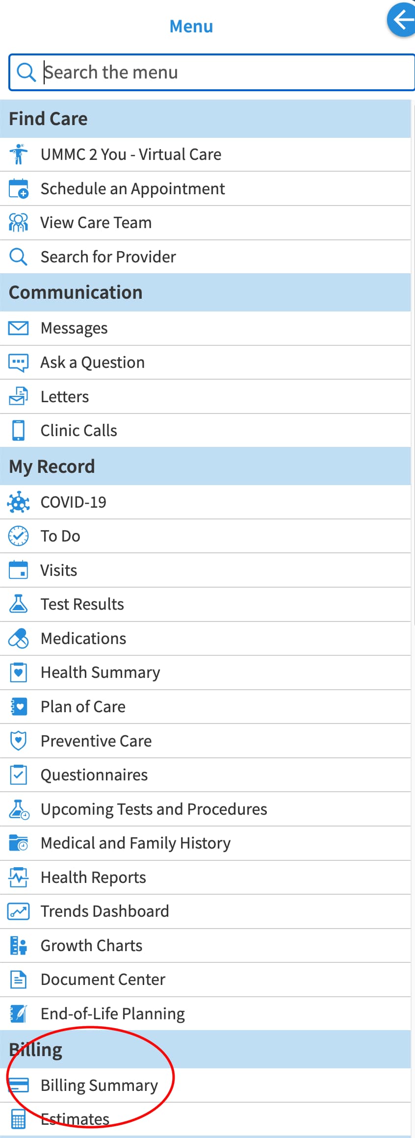 A screenshot of the MyChart menu after it is expanded shows multiple options including Billing Statement and Billing Summary.